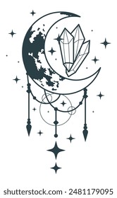Vector Premium | Dibujo de cristal cristales astrológicos lindos con estrellas y luna mística camiseta impresión elemento celestial mágico