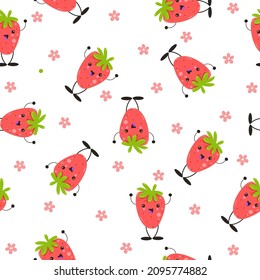 Vector premium de lindo patrón de fresa kawaii sin costura. Ideal para imprimir a petición, impresión de tela, impresión textil, tarjeta de invitación, tarjeta de saludo