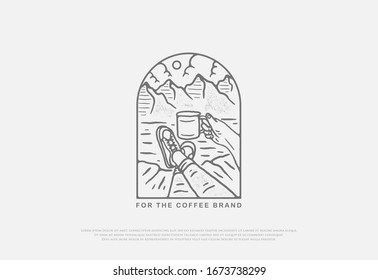 premium vector design enjoy nature with coffee in a line of art style, this design can be printed on shirts, jackets, paper and for other merchandise