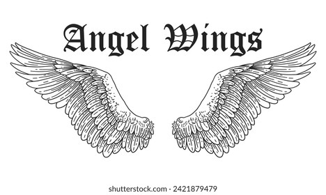 premium vector, detailed line art pair of angel wings tattoo illustration