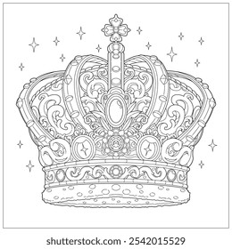 Premium vector. Fantasy royal crown with gemstone and sparkling carved ornament. Learning and education coloring page illustration for adult and children. Vector outline style, black and white drawing