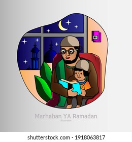Premium vector flat design illustration of Ramadan father and son reading qura
