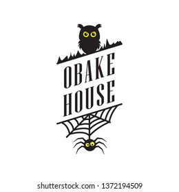 Premium Vector Flat Logo in black color for Haunted House or Obake House logo in black and yellow. Beautiful Logotype design for luxury company branding Halloween Theme with Owl and Spider