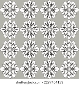 Premium vector floral seamless repeating pattern with stylized black and white flowers on gray background, perfect for luxurious napkins or contemporary curtains.