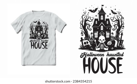 Premium Vector Halloween Stylish T-Shirt Design with Haunted House and Graveyard Halloween Scary T-Shirt Design