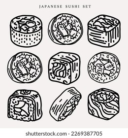 Premium Vector | Hand Draw Sushi Set For Japanese Cuisine Restaurant