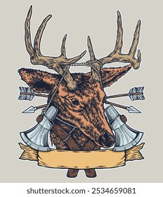 premium vector I head deer drawing hunter axe badge vintage adventure logo