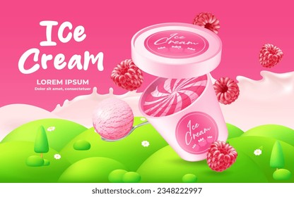 Premium vector ice cream package label template with realistic 3D illustration of delicious raspberry flavor. Fresh and tasty summer dessert design for ads and product packaging