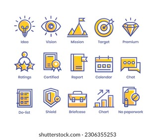 Premium vector icons: idea, vision, mission, target, rating, certified, report, calendar, chat, to-do list, shield, briefcase, chart, no paperwork