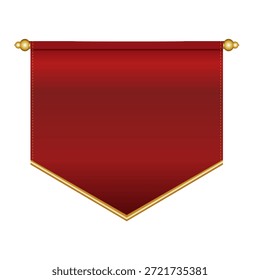 A premium vector illustration of a blank, gradient red pennant banner, elegantly trimmed with a golden border along its pointed bottom edge. It is suspended from a horizontal bar featuring decorative golden finials and includes subtle dashed stitching details. This versatile, empty template is ideal for adding custom text, logos, or emblems, perfect for luxury, royal, vintage, medieval, award, announcement, or ceremonial design projects.