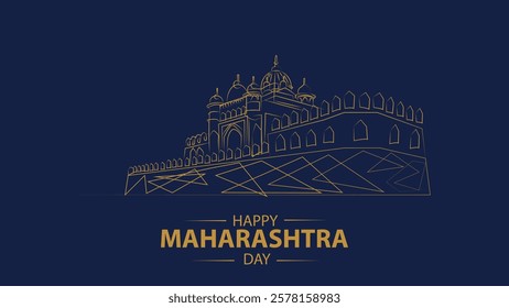 A premium vector illustration celebrating Maharashtra Day, featuring an elegant gold-line art representation of a historical fort on a deep navy blue background. 