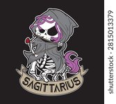 Premium vector illustration of a cute Grim Reaper character representing the Sagittarius zodiac sign. Featuring a chibi skeleton centaur holding a bow and arrow with a hooded cloak and purple accents. Perfect for t-shirt designs, stickers, banners, hoodies, tattoos, posters, badges, and horoscope-themed merch. Fully editable vector clipart with clean line art