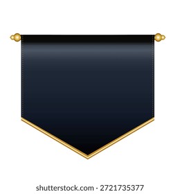 Una Ilustración vectorial premium con un elegante Anuncio banderín azul oscuro en blanco. Está suspendido de una varilla dorada con acabados decorativos y bordeado con un brillante borde dorado, completo con sutiles detalles de puntadas punteadas. Este diseño clásico de banderas colgantes sirve como una Plantilla versátil para mostrar texto, logotipos o emblemas para premios, eventos, heráldica, logros o cualquier diseño que requiera un toque de lujo y sofisticación.