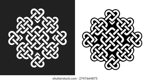 Premium vector illustration of an intricate Islamic geometric knot ornament featuring interwoven ribbon pattern with balanced negative space. Designed in clean black and white contrast, this symmetrical decorative motif is ideal for branding, logo design, packaging, wall art, textile patterns, laser cutting, engraving, and sacred geometry projects. Modern minimalist yet traditional Middle Eastern ornamental aesthetic.