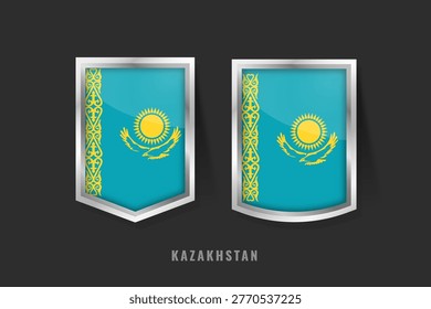 Premium vector illustration of Kazakhstan flag on shield badges with metallic frames. National symbols of sun and eagle on sky blue. Perfect for Kazakhstani labels, banners, and emblems.