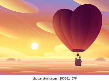 Ilustración vectorial premium. Los amantes vuelan en un globo de aire caliente. Atardecer.