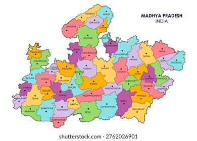 Premium vector illustration of Madhya Pradesh political map with clearly defined district and state boundaries. Designed in a clean, modern style, this high-resolution editable map is perfect for infographics, educational content, presentations, and print projects.