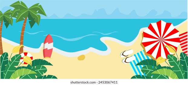 Premium Vector Illustration | Summer view of stretch of beach sand interspersed with beautiful beaches with coconut trees svg