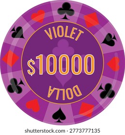 A premium vector illustration of a violet and purple poker chip worth $10,000. Features a deep violet center with gold-outlined white text and an outer ring with alternating shades of purple and light gray, decorated with playing card suits (hearts, diamonds, clubs, spades). High-end flat design for VIP gambling and high-stakes themes.