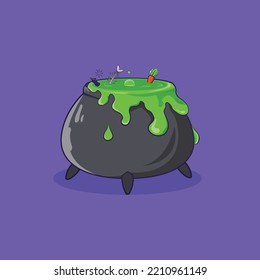 ilustración de vector premium, caldero de bruja con hierbas verdes y varios alimentos