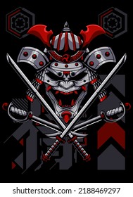 Premium vector Japanese oni mask samurai with katana-futuristic illustration design for t-shirt 