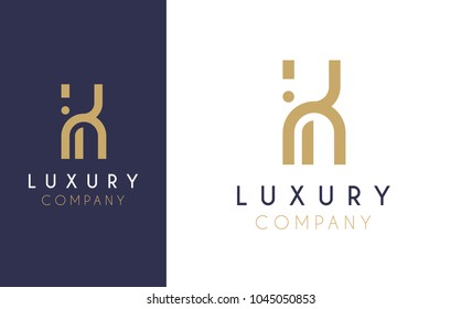 Premium Vector K Logo in two color variations. Beautiful Logotype design for luxury company branding. Elegant identity design in blue and gold. 