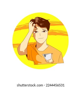 premium vector l vector of a boy holding his hair and cellphone while taking a selfie with a cool background.