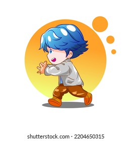 Premium vector l cute boy run, blue hair, korean anime style. free royalti