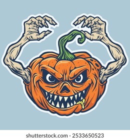 premium vector l pumpkin with hand smile creepy cartoon funny halloween