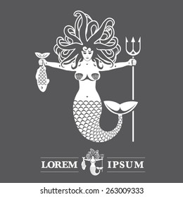 Premium Vector Label Mermaid Or Siren With Fish And Trident