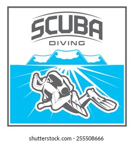 premium vector label for scuba diving underwater and under wave swimming