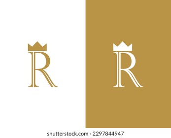 Logotipo de carta vectorial premium R con vector de corona, diseño de logotipo hermoso para marca de empresa de lujo. Elegante diseño identitario de color dorado.