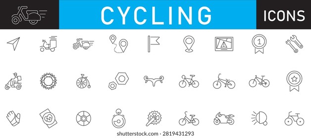 Premium vector line icon set featuring cycling equipment, navigation elements, and urban transport accessories. Clean modern minimalist outline style designed for mobile apps, website UI UX, sports branding, and active lifestyle design projects.

Included Icons:
Navigation arrow, fast delivery scooter, vintage moped, route routepins, finish flag, location pin, GPS screen, first place medal, double wrenches, courier driver, disc brake, penny farthing high wheeler, nuts bolts hardware, drop handlebars, road cycle, BMX frame, classic bicycle, star award badge, riding glove, smartwatch heart monitor, wheel reflector, stopwatch timer, chainring crank, city commuter, sport motorcycle, headlight, and urban transport.

Features:
Fully editable 100 percent vector format
Clean modern outline design
Ideal for UI UX mobile app design, web, and infographics
Easy customization of colors and stroke widths
Well organized layers with isolated elements