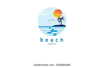 Premium vector logo design beach holiday, summer, palm, sunset surfing