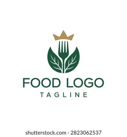 A premium vector logo featuring a fork surrounded by green leaves and topped with a gold crown, perfect for organic restaurant or healthy catering.