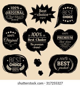 Premium vector logos set. Flat style speech bubbles with Best Choice, 100 % Original text. Collection for cards, advertising posters etc.