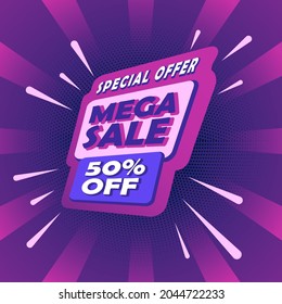 Premium-Vektor-Mega-Skontobanner mit violettem Hintergrund, der perfekt für den Absatz Ihrer Produktwerbung geeignet ist