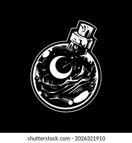 premium vector night view on potion bottle illustration, in a modern cartoon style, perfect for t-shirts or print products 