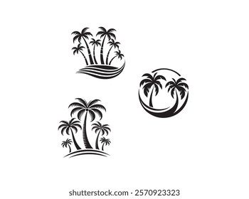 A premium vector palm tree silhouette featuring elegant, detailed designs perfect for tropical-themed projects vector black and white design logo type.