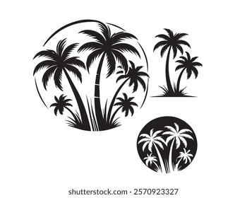 A premium vector palm tree silhouette featuring elegant, detailed designs perfect for tropical-themed projects vector black and white design logo type.