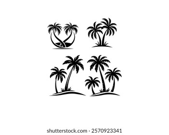 A premium vector palm tree silhouette featuring elegant, detailed designs perfect for tropical-themed projects vector black and white design logo type.