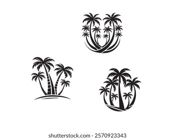 A premium vector palm tree silhouette featuring elegant, detailed designs perfect for tropical-themed projects vector black and white design logo type.