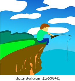 premium vector people fishing in the river in a sunny atmosphere