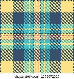 Premium vector plaid fabric design, suitable for various design applications. Seamless tartan pattern in vibrant, eye-catching colors.