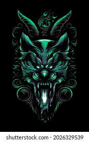 premium vector satanic wolf head illustration, in a modern cartoon style, perfect for t-shirts or print products 