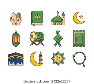 Conjunto de Vectores de Premium con motivos islámicos, símbolos religiosos mundiales, ventanas de mezquitas y Formas geométricas abstractas. Diseño profesional limpio para uso global.