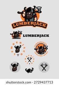 Premium Vektor Satz von Lumberjack Maskottchen Logo Vorlagen. Mit einem bärtigen Holzfäller Charakter tragen einen Wikinger Hornhelm und halten eine Holzaxt. Dieses Set umfasst verschiedene Layouts: Symbol, kreisförmige, horizontale und einzelne Symbole.