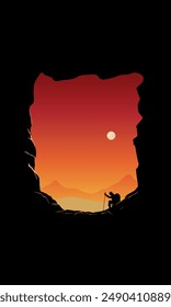 premium vector of shadow a cave and a climber at sunset, poster illustration design,