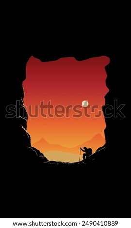 premium vector of shadow a cave and a climber at sunset, poster illustration design,