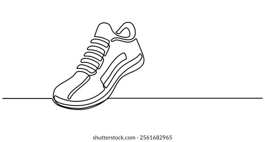 Premium vector shoe continuous one line drawing on white background concept of shoe business, Sport Sneaker shoes in continuous line art drawing style, sneakers are drawn with one line. Sports shoes. 